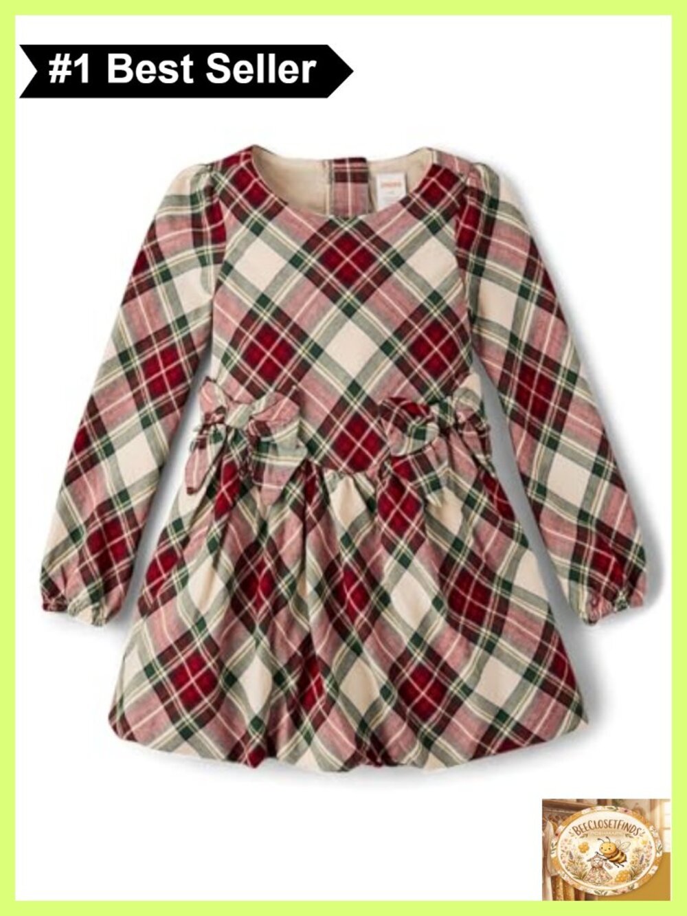 Girls Holiday Toddler Plaid Dress Long Sleeve Back Zipper Bubble Hem